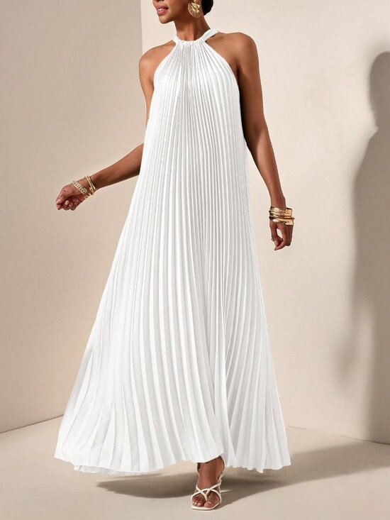 Dresses & Skirts - White Casual Women's Halterneck Sleeveless Pleated A-Hem Loose Maxi dress